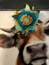 Small Bull with Teal and Mustard Felt Flowers in a Tobacco Lath Frame
