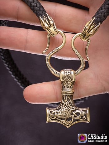 Image of Thor's Hammer : MJOLNIR + Wolf Heads Paracord Necklace