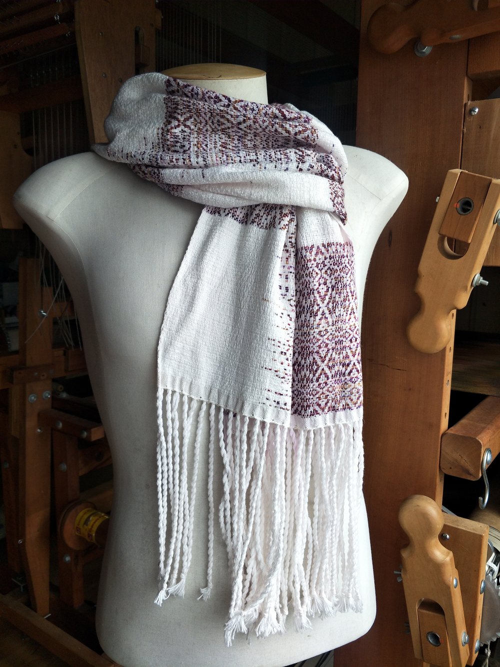 Image of Clasped weft blocks cherry pie scarf 