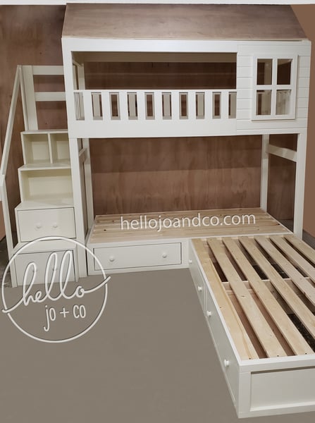 Image of Solid wood cottage triple bunk bed with stairs and storage 
