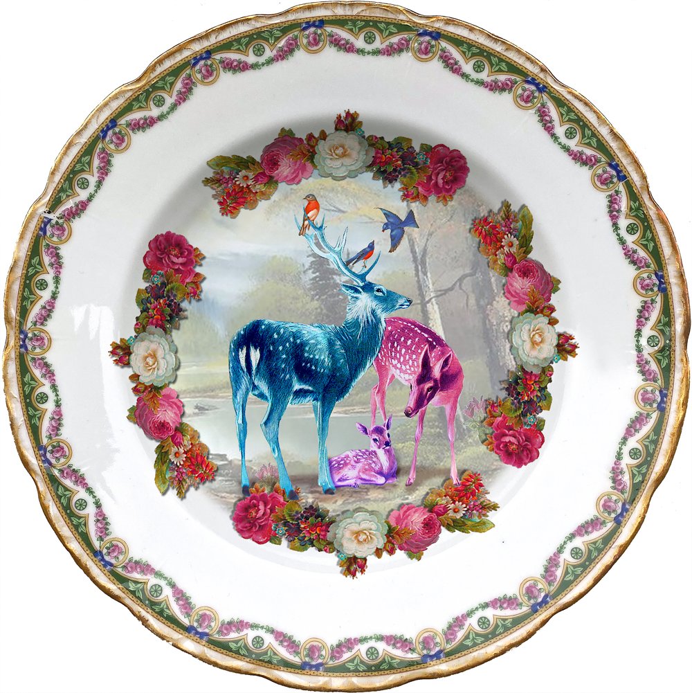 Image of Deer family - Vintage Porcelain Plate - More than 120 Years Antique - #0709