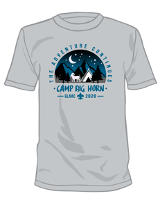 Image of 2020 Camp Big Horn CAMPER TEE SHIRT - NO SLEEVE PRINT - Order Online - PICK UP UPON ARRIVAL AT CAMP