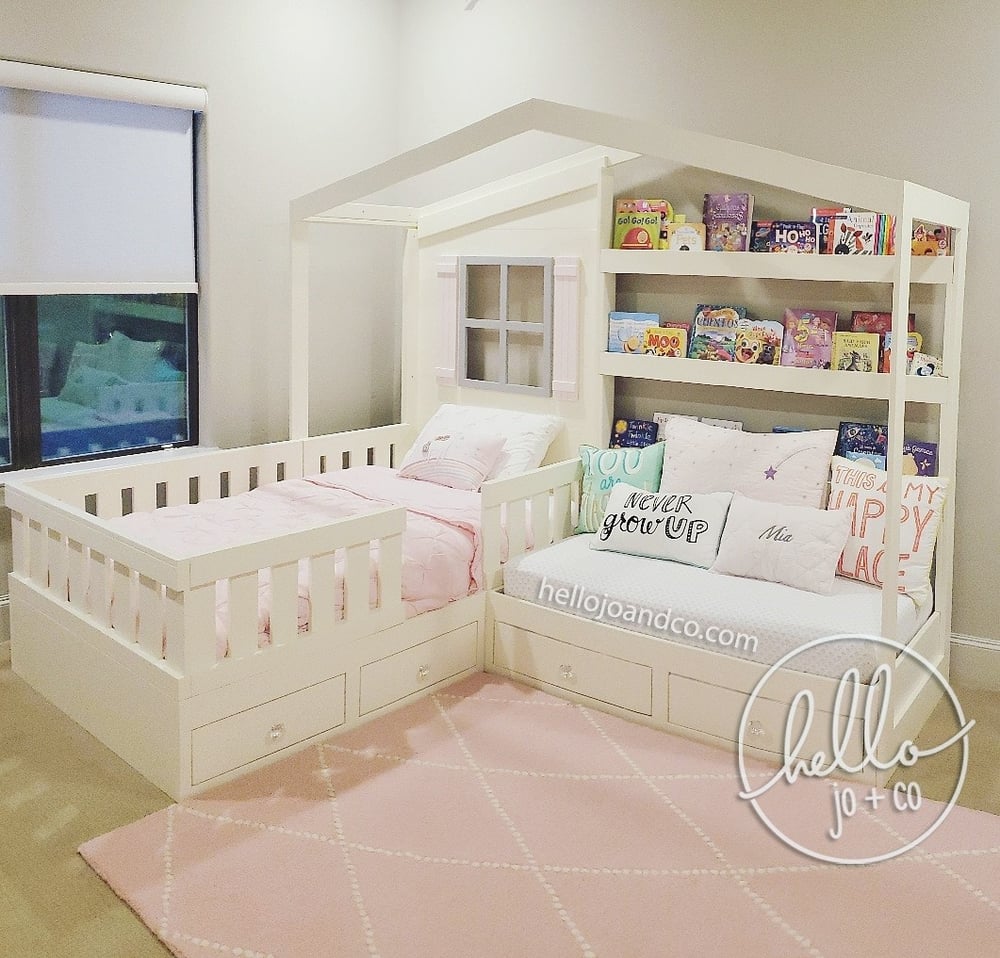 Image of Solid Wood Reading Nook Bed with Drawers toddler bed kid's bed bed with book shelves