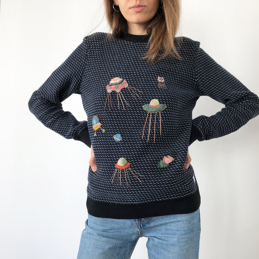 Image of Aliens visit 👽 - hand embroidered sweater made of organic cotton