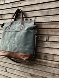 Image 2 of Waxed canvas office bag with luggage handle attachment leather handles and shoulder strap