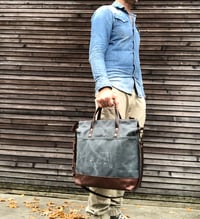 Image 4 of Waxed canvas office bag with luggage handle attachment leather handles and shoulder strap