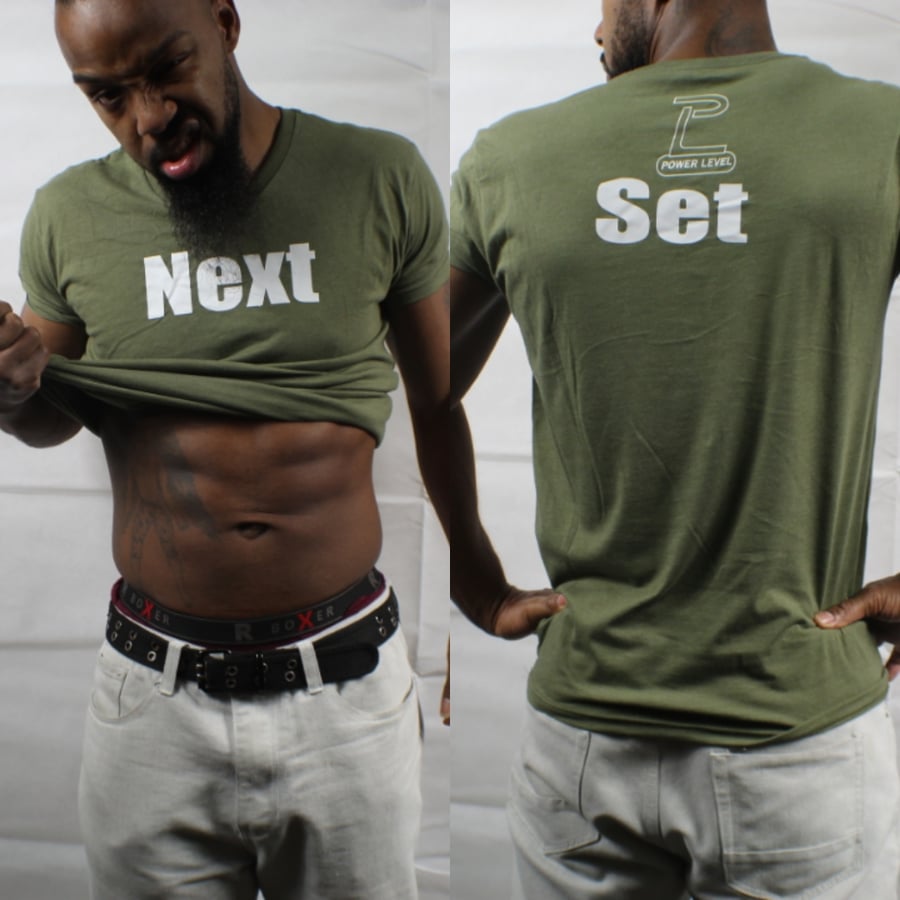 Image of Army Green"Next (Front) Set (Back)" V-Neck Fit T-Shirts