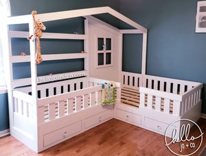 Image of Solid Wood Reading Nook Bed with Drawers toddler bed kid's bed bed with book shelves