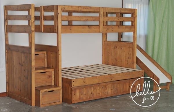Image of Twin over Full over twin trundle solid wood bunk bed with stairs and slide
