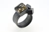Silver Strata ring with 12mm emerald cut rutilated quartz, set in oxidized silver with cubes
