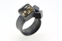 Image 1 of Silver Strata ring with 12mm emerald cut rutilated quartz, set in oxidized silver with cubes