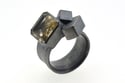 Silver Strata ring with 12mm emerald cut rutilated quartz, set in oxidized silver with cubes