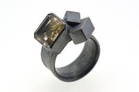 Image 2 of Silver Strata ring with 12mm emerald cut rutilated quartz, set in oxidized silver with cubes