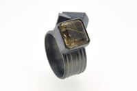 Image 3 of Silver Strata ring with 12mm emerald cut rutilated quartz, set in oxidized silver with cubes