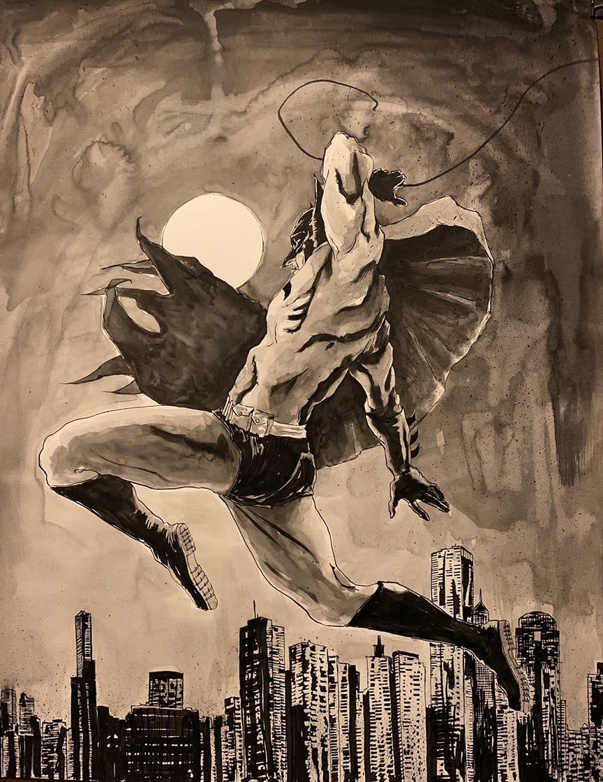 Batman (Leaps) - Original ink and watercolor painting 23 x 29"