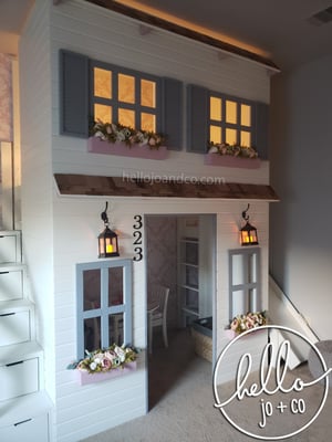 Image of Custom FULL playhouse loft bed with slide and drawer storage stairs