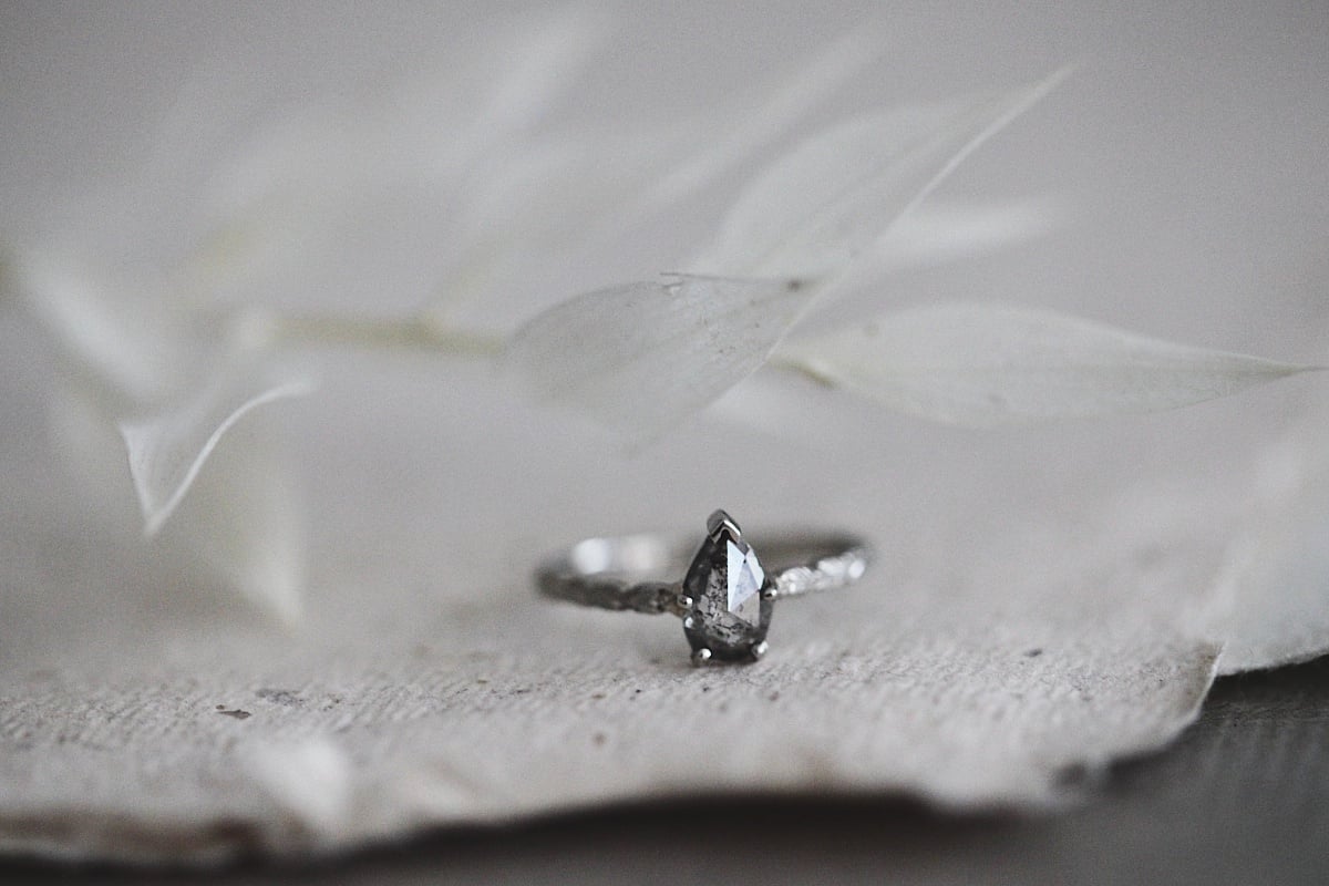 Image of Platinum pear shape 'Salt and Pepper' rose-cut diamond ring (IOW142)