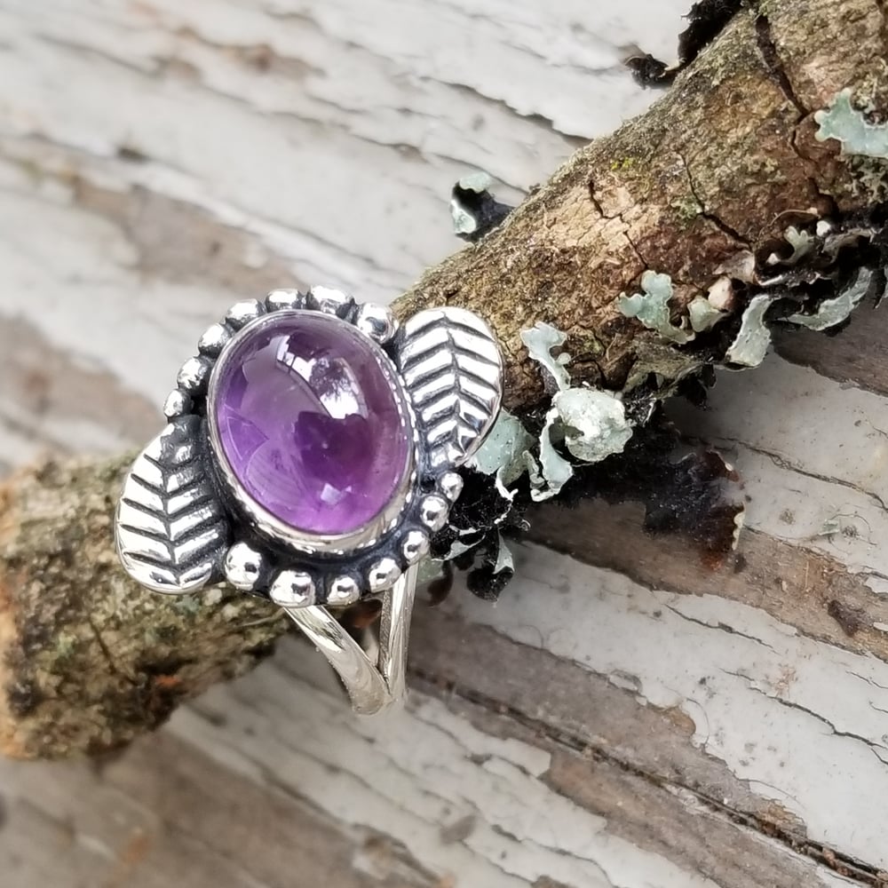 Image of February Leaves - Amethyst Ring in Sterling Silver