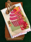 Flour Sack Tea Towel, Pink Cupcake with Bright Gold and Pink Fabric