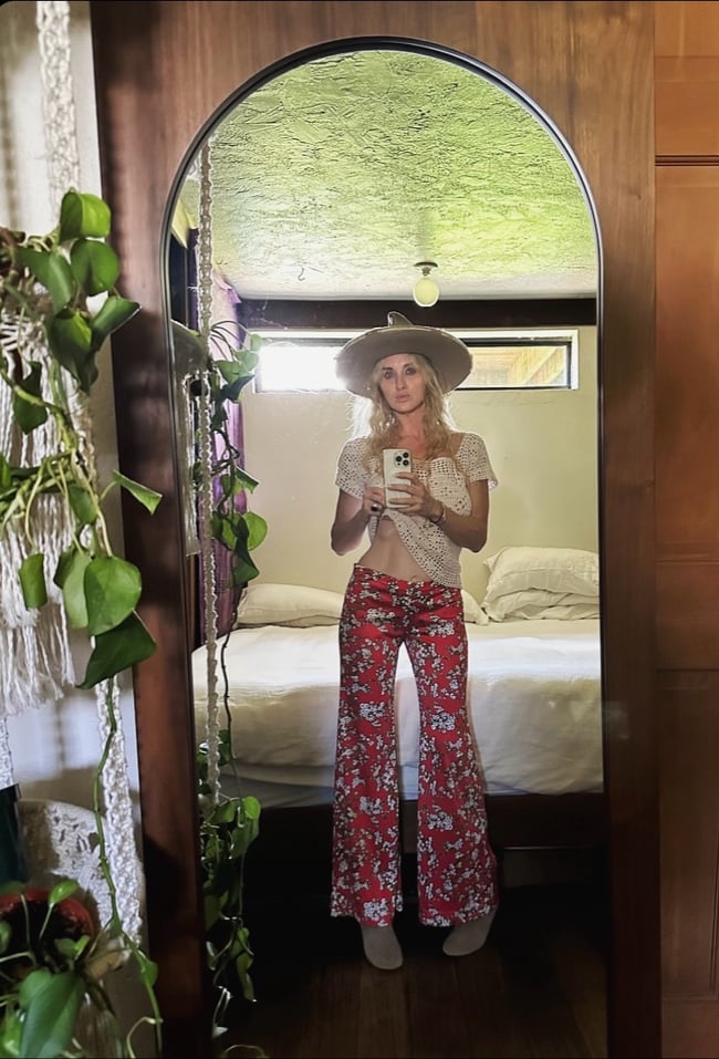 70s currant print slinky trousers