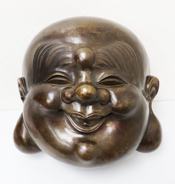 Image of Rare, Vintage Large Bronze Laughing Buddha Head Decoration, Excellent Condition