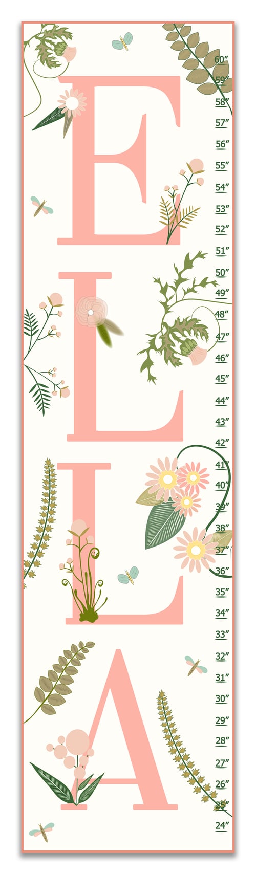 Image of Blush Pink Girl's Canvas Growth Chart - Personalized Floral Nursery Art