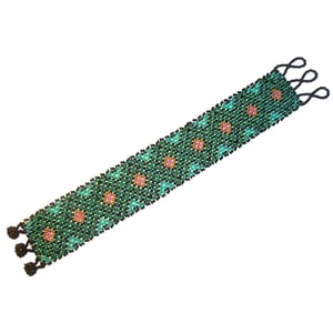 Image of Exquisite Huichol Indian Beaded Emerald Green Bracelet - Medium to Large Size Wrist