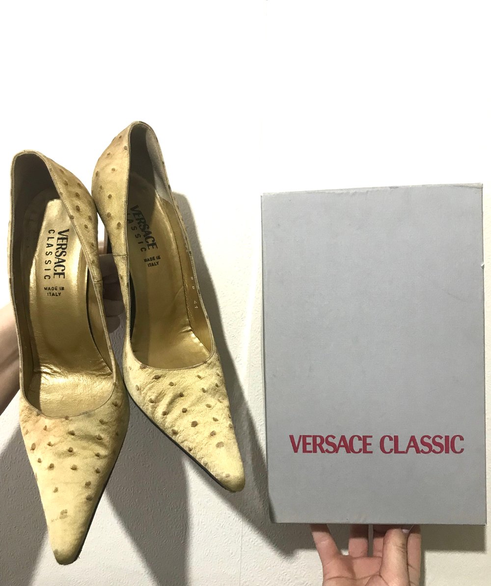 Image of Versace Classics Velvet Dotted Yellow Pointed Heels