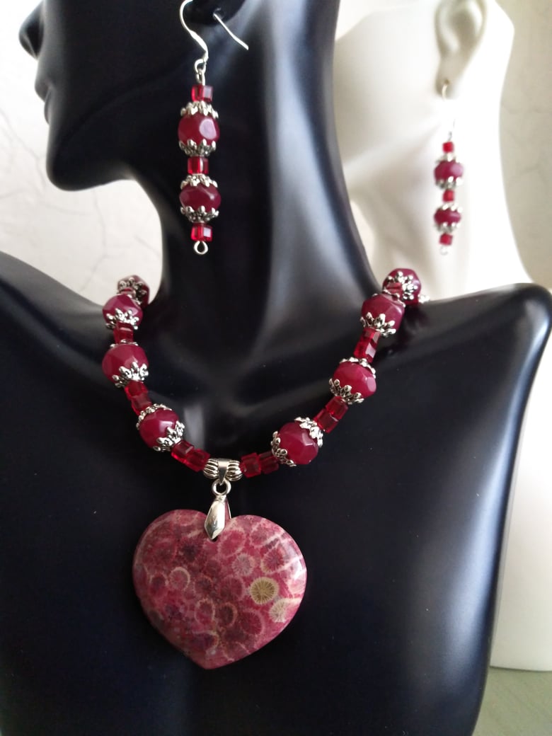 Image of RUBIES W/CHRYSANTHEMUM HEART PENDANT NECKLACE SET