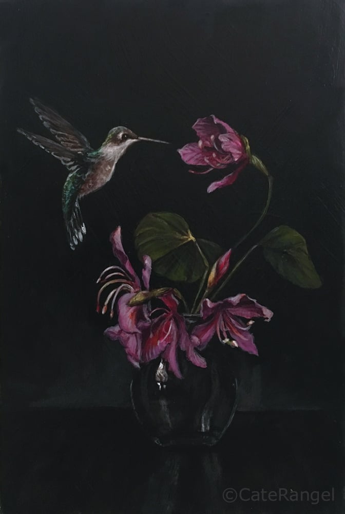 Image of Hummingbird with Orchid Tree Flowers - Original Painting