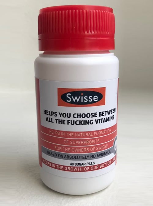 Image of Swisse 'Gullibility Guard' with FREE bottle of 'Help you choose between all the fucking vitamins'