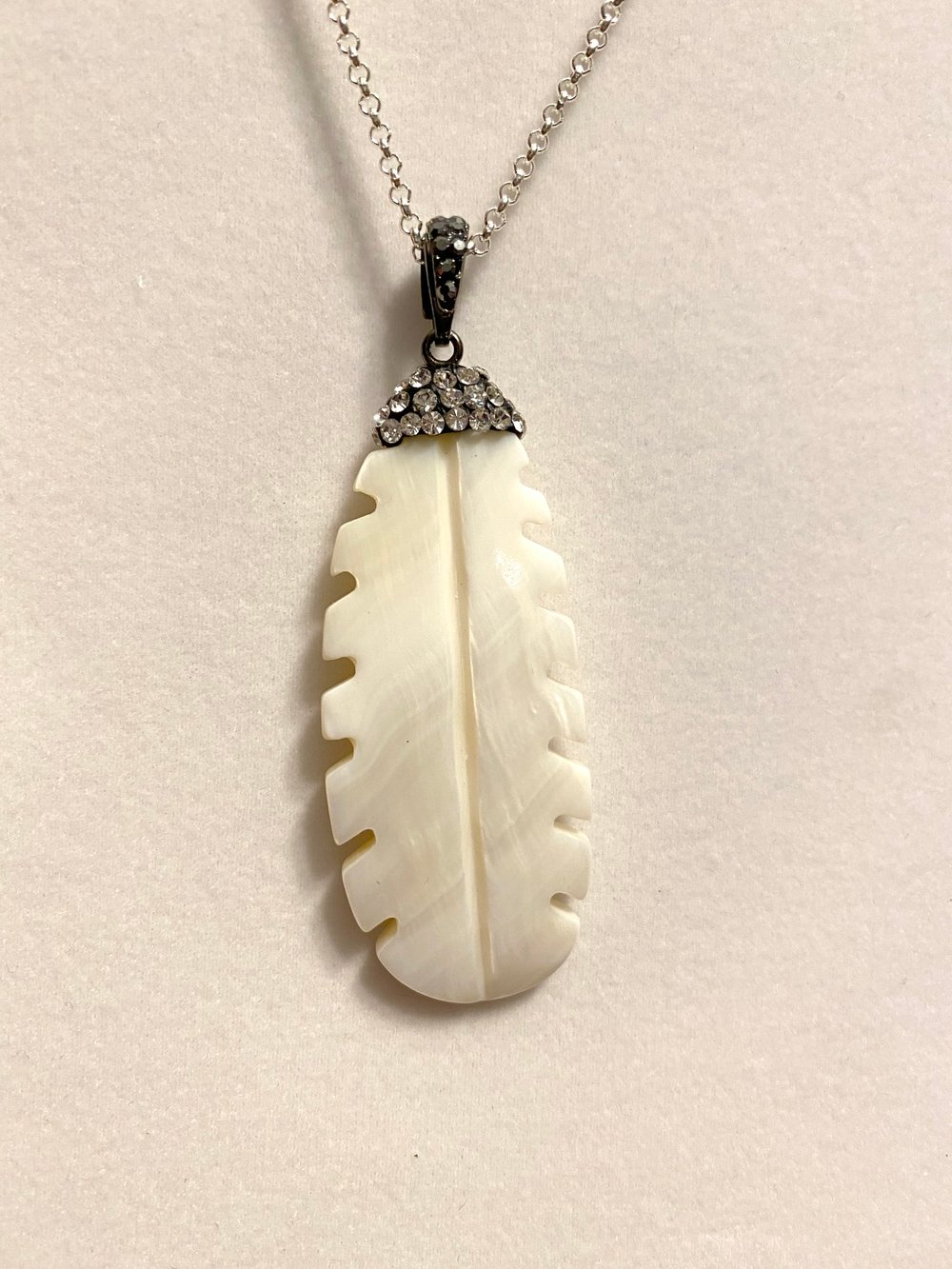 River Shell Feather Pendant and Silver Chain Necklace