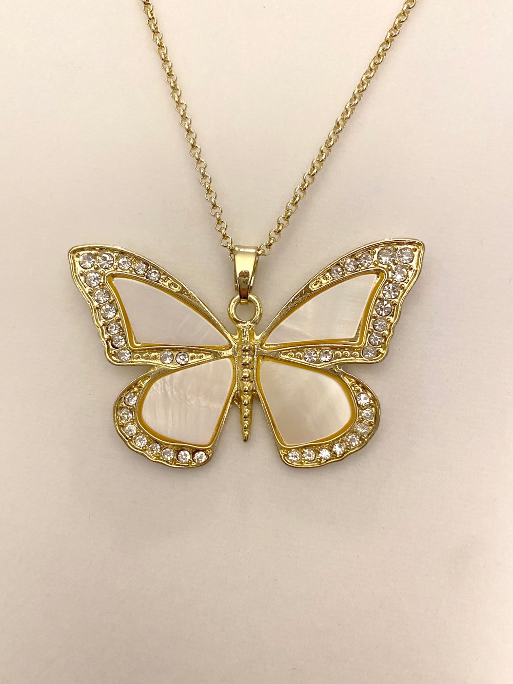 River Shell Butterfly Pendant and Gold Chain Necklace