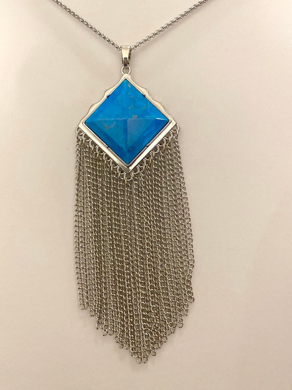 Turquoise Pendant with Tassels and Stainless Steel Chain Necklace