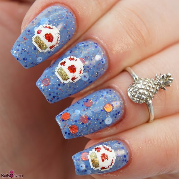 Image of Captain Toad –blue base, dot glitter in red holo & matte white, with blue, red & gold hex gl