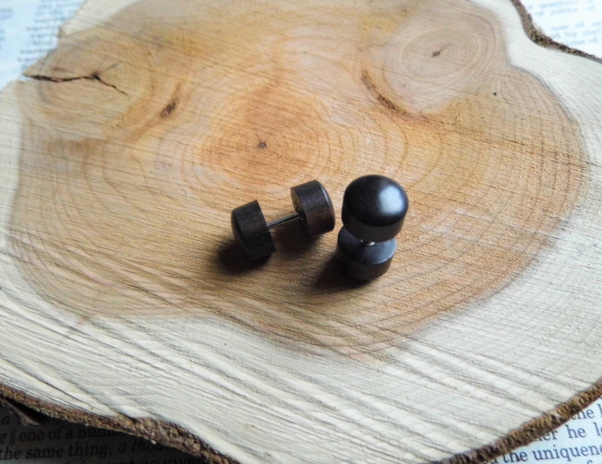 Dark Brown Wooden Stud Earrings Faux Plugs