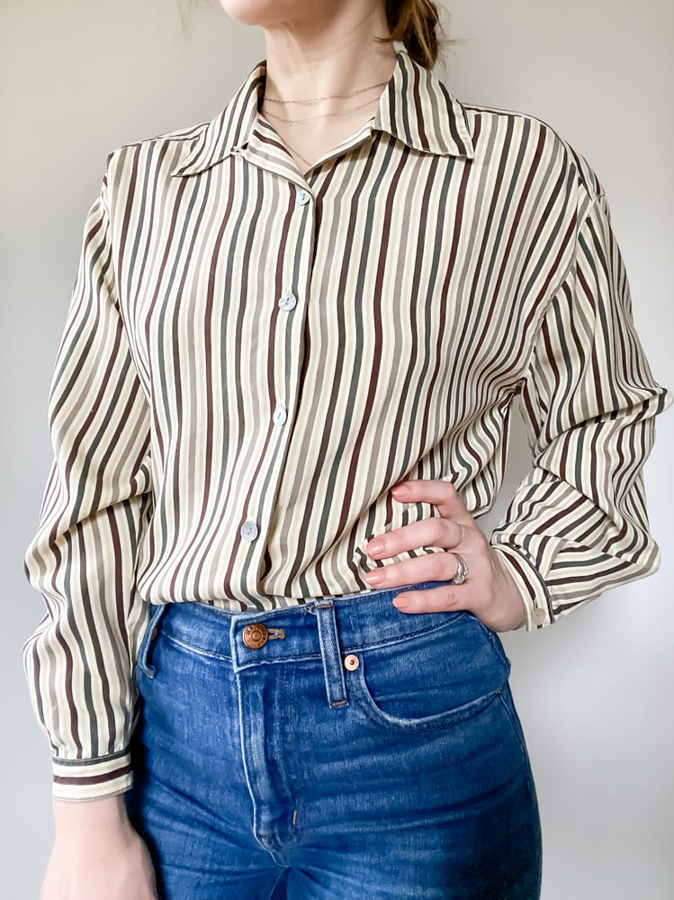 Image of Vintage Bloomingdale's Neutral Striped Petite Button-Down