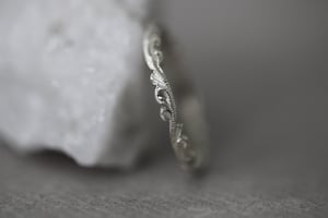 Image of 9ct white gold 2mm floral carved ring