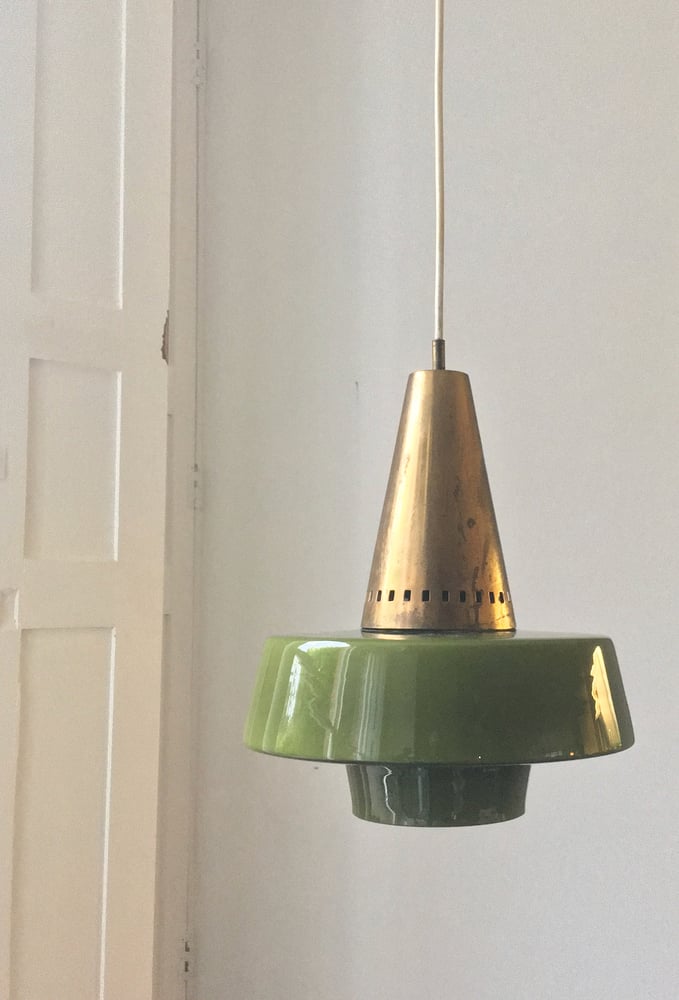 Image of Brass & Glass Pendant Light by Stilnovo (Labelled)