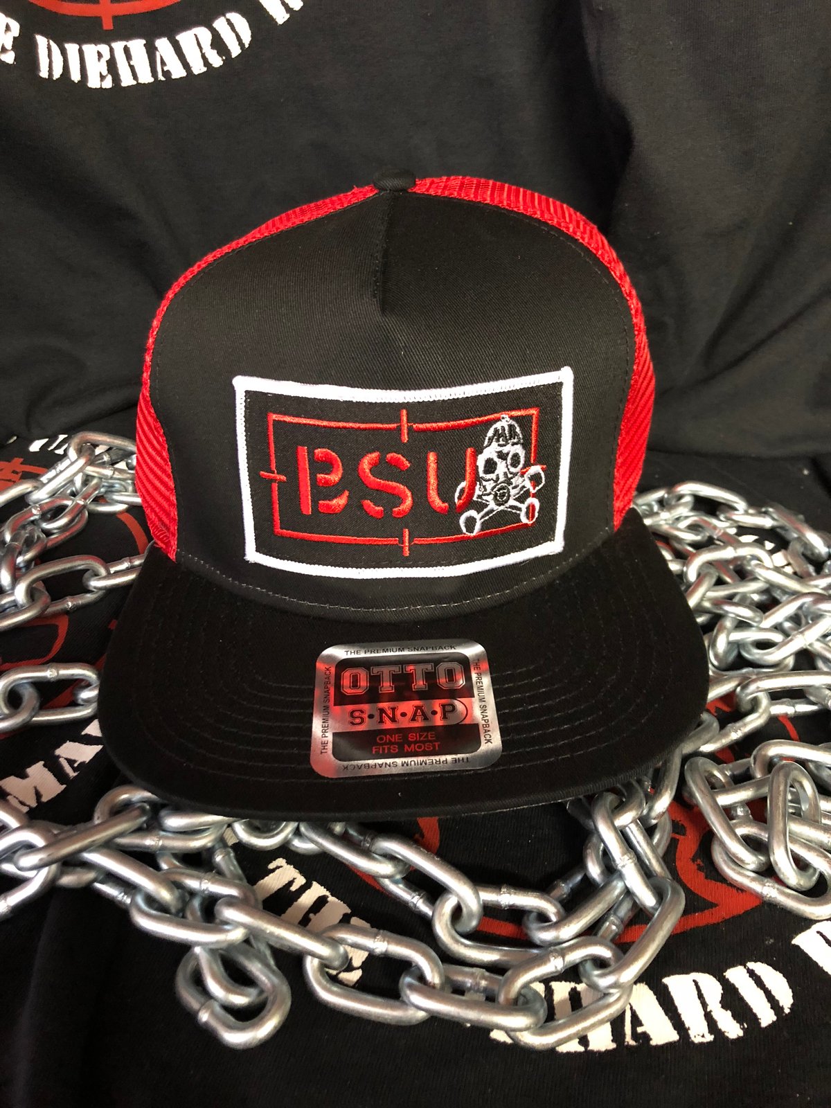 Image of BSU Red/Bk Recon patch hat. 