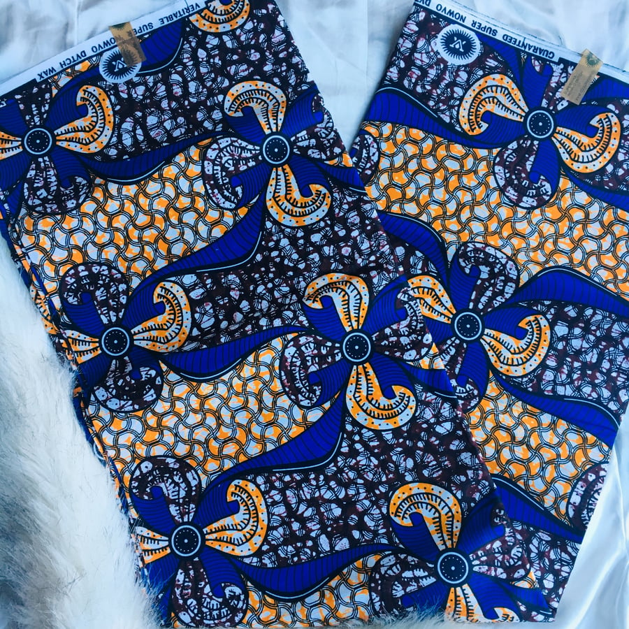 Image of African Fabric - Blue, yellow, white & black