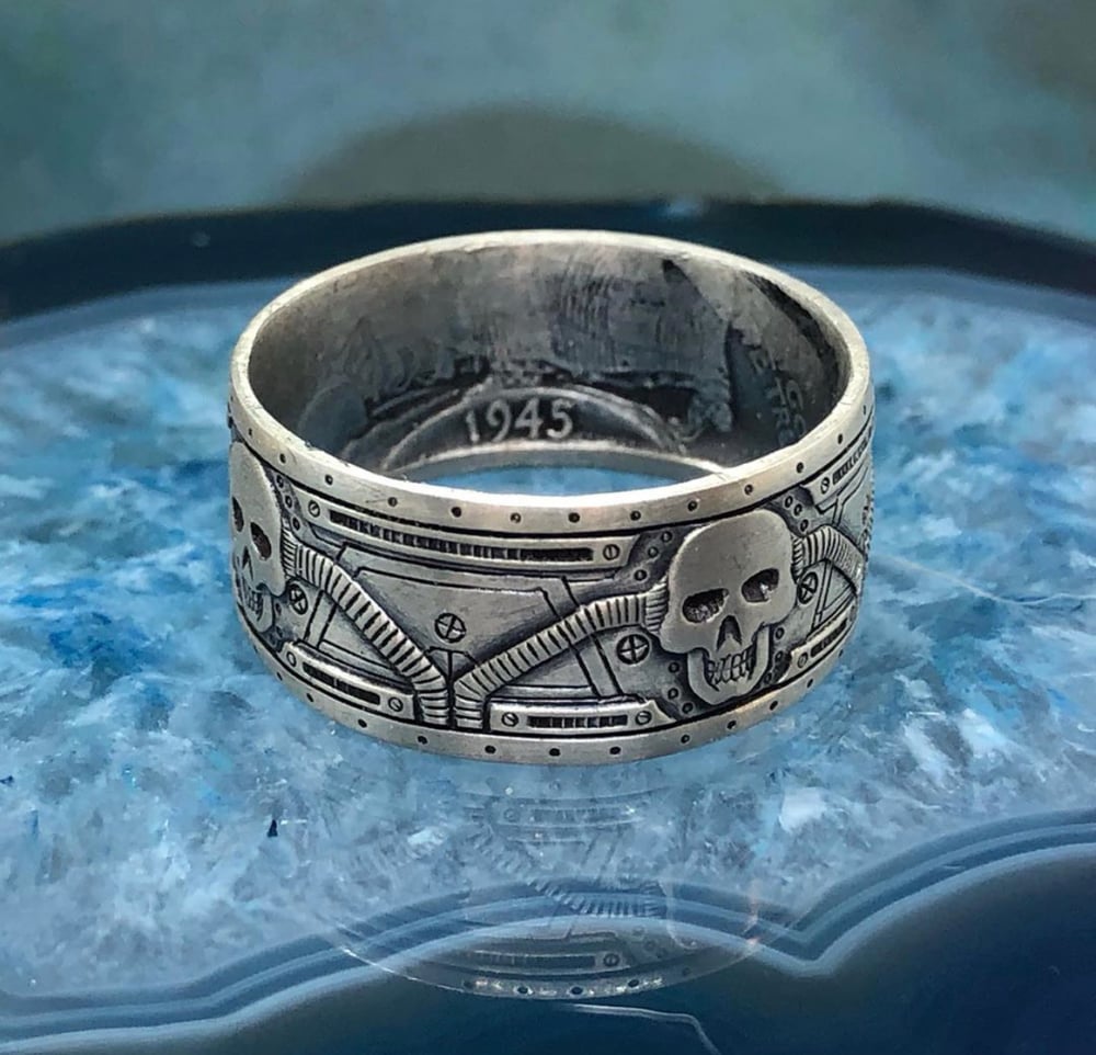 Image of Bio mechanical skull coin ring