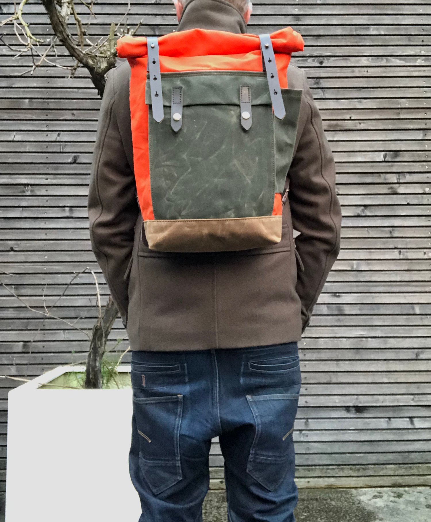 Image of Orange waxed canvas leather Backpack medium size  / Hipster Backpack with roll top