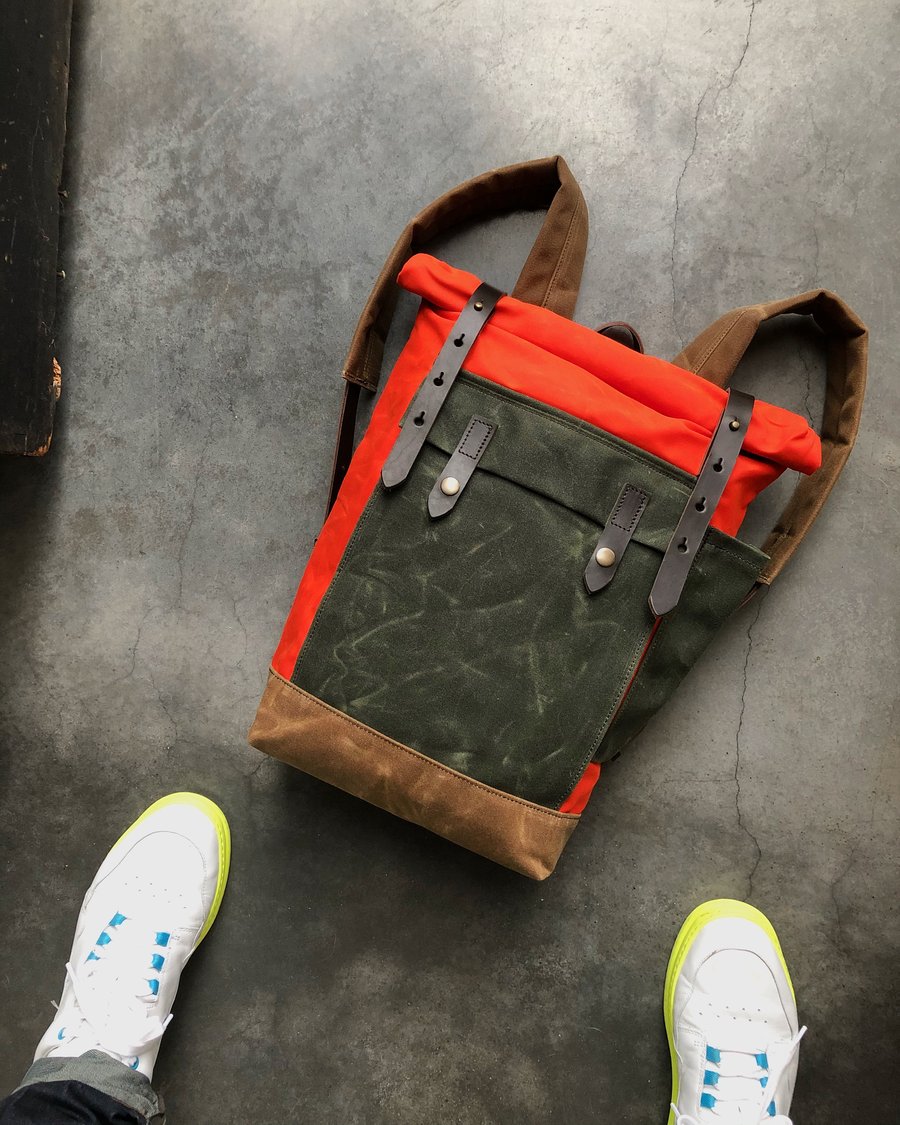 Image of Orange waxed canvas leather Backpack medium size  / Hipster Backpack with roll top