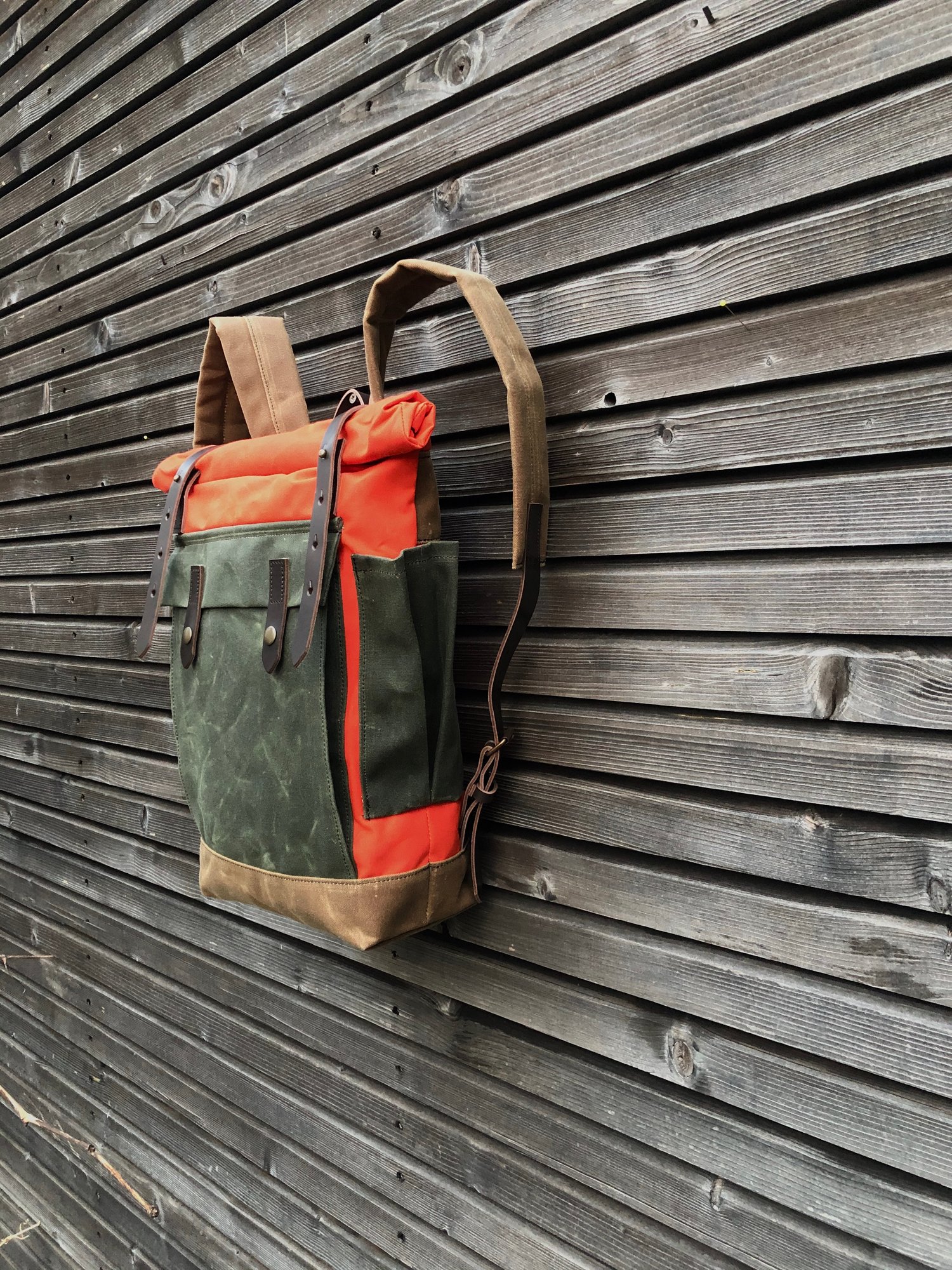 Image of Orange waxed canvas leather Backpack medium size  / Hipster Backpack with roll top