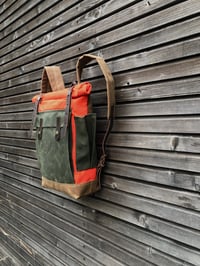 Image 4 of Orange waxed canvas leather Backpack medium size  / Hipster Backpack with roll top