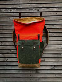 Image 3 of Orange waxed canvas leather Backpack medium size  / Hipster Backpack with roll top