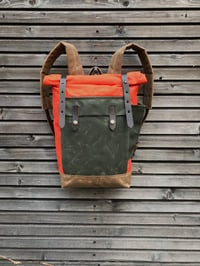 Image 2 of Orange waxed canvas leather Backpack medium size  / Hipster Backpack with roll top