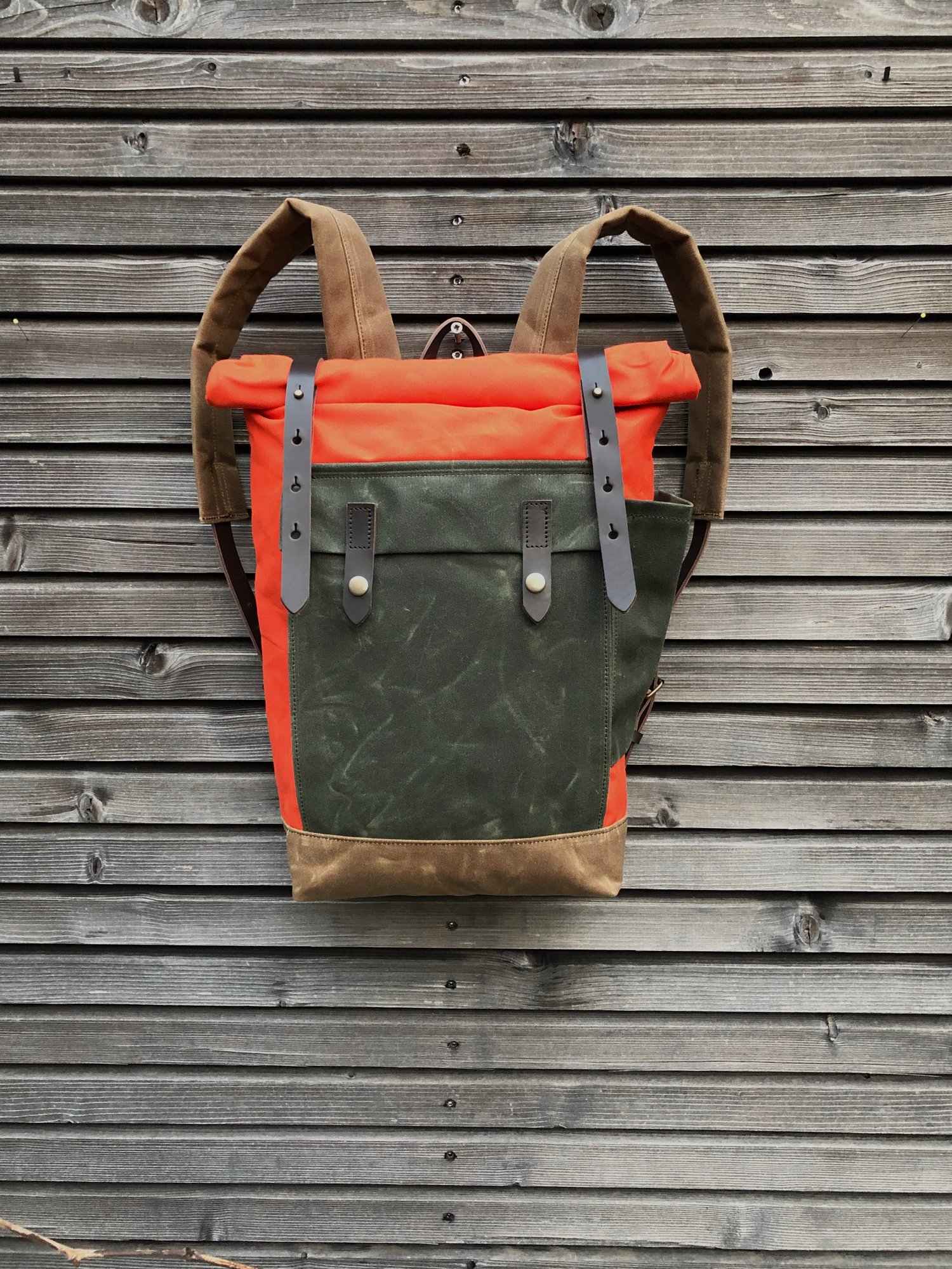 Image of Orange waxed canvas leather Backpack medium size  / Hipster Backpack with roll top