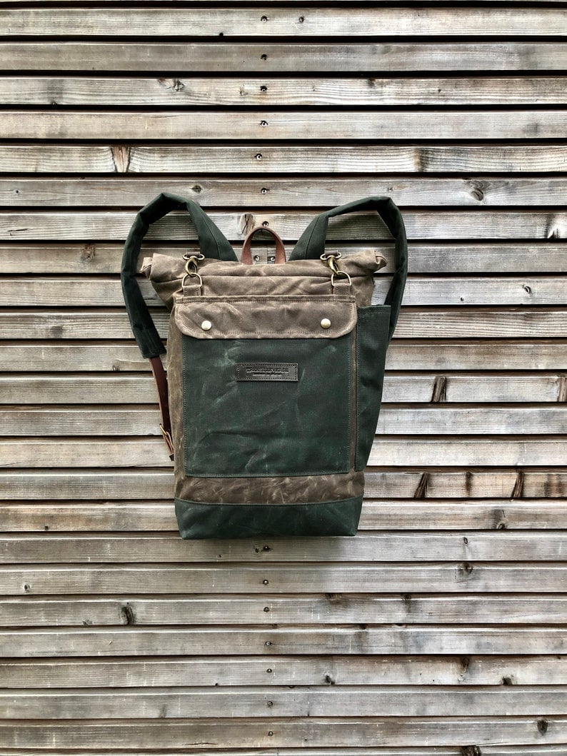 Image of College backpack in waxed canvas / waterproof rucksack with roll up top and double closure COLLECTIO